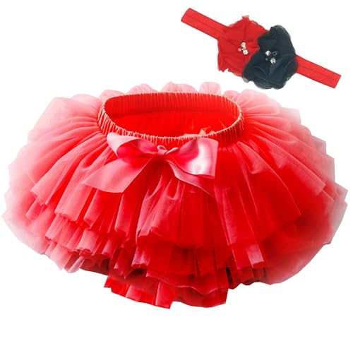 Beganly Baby Mädchen weiche Flauschige Rüschen Tüllrock mit Windelbezug Kleinkind Prinzessinnen Party Tutu Sets mit Blumen Stirnband Rot 6-12 Monate(Red M) von Beganly