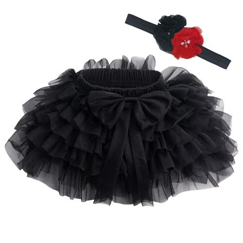 Beganly Baby Mädchen weiche Flauschige Rüschen Tüllrock mit Windelbezug Kleinkind Prinzessinnen Party Tutu Sets mit Blumen Stirnband Schwarz 0-6 Monate(Black S) von Beganly