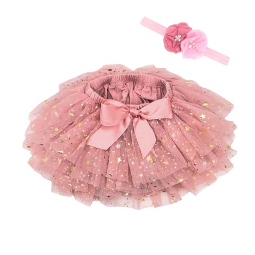 Beganly Baby Mädchen weiche Flauschige Rüschen Tüllrock mit Windelbezug Kleinkind Prinzessinnen Party Tutu Sets mit Blumen Stirnband Staubige Rose Sterne 0-6 Monate(Stars Dusty Rose S) von Beganly