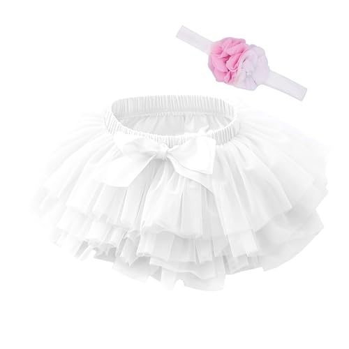 Beganly Baby Mädchen weiche Flauschige Rüschen Tüllrock mit Windelbezug Kleinkind Prinzessinnen Party Tutu Sets mit Blumen Stirnband Weiß 1-2 Jahre(White L) von Beganly