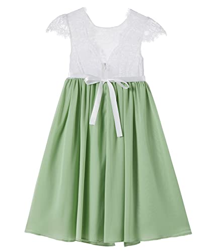 Beganly Blumensmädchenkleid Prinzessin Festliches Kinder Mädchen Kleid Festzug Kleider Hochzeit Partykleid Anmutig Lieblich V-Rücken Spitze A-Linie Langes Chiffon Kleid Salbei Grün 110 (Sage Green) von Beganly