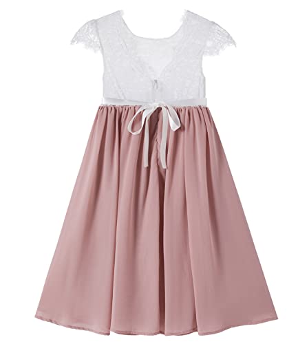 Beganly Blumensmädchenkleid Prinzessin Festliches Kinder Mädchen Kleid Festzug Kleider Hochzeit Partykleid Anmutig Lieblich V-Rücken Spitze A-Linie Langes Chiffon Kleid Staubige Rose 110 (Dusty Rose) von Beganly