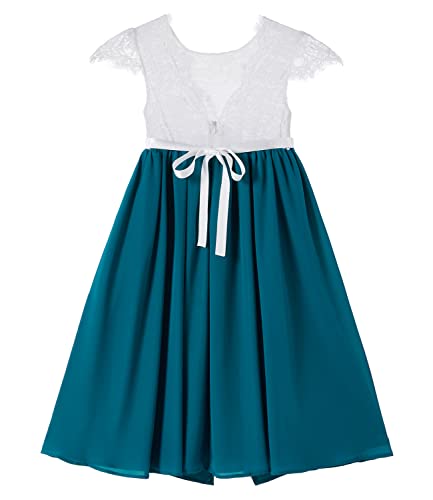 Beganly Blumensmädchenkleid Prinzessin Festliches Kinder Mädchen Kleid Festzug Kleider Hochzeit Partykleid Anmutig Lieblich V-Rücken Spitze A-Linie Langes Chiffon Kleid Türkisblau 110 (Teal Blue) von Beganly