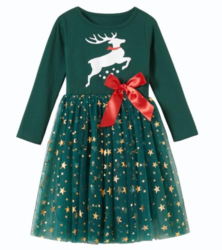 Beganly Kleine Mädchen Weihnachten Rotes Kleid Kleinkind Langarm Sterne GrünTüll Tutu Party Kleider Xmas Prinzessin Outfits Rentier 6 Jahre (Reindeer Green 140) von Beganly