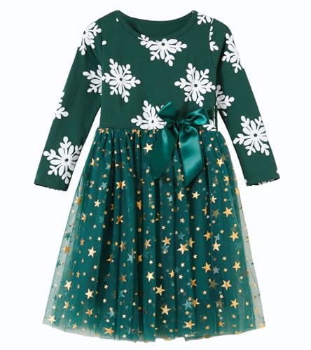 Beganly Kleine Mädchen Weihnachten Rotes Kleid Kleinkind Langarm Sterne GrünTüll Tutu Party Kleider Xmas Prinzessin Outfits Schneeflocke Grün 6 Jahre (Snowflake Green 140) von Beganly