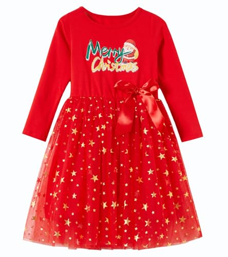 Beganly Kleine Mädchen Weihnachten Rotes Kleid Kleinkind Langarm Sterne GrünTüll Tutu Party Kleider Xmas Prinzessin Outfits Weihnachtsmann 7 Jahre (Santa Claus Red 150) von Beganly