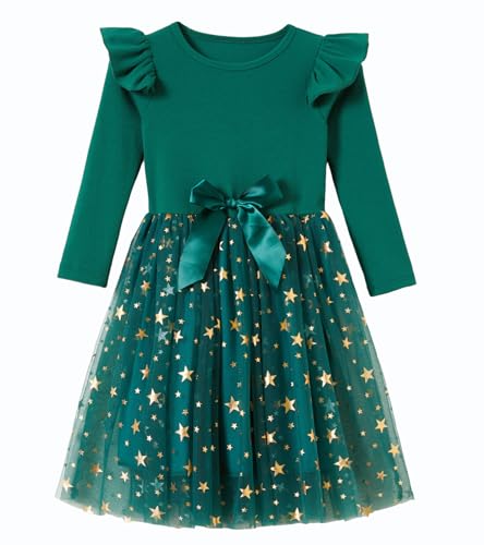 Beganly Kleine Mädchen Weihnachten Rotes Kleid Kleinkind Rippstrick Langarm Sterne GrünTüll Tutu Party Kleider Xmas Prinzessin Outfits Schneeflocke Grün 3 Jahre (Ruffle Green 110) von Beganly