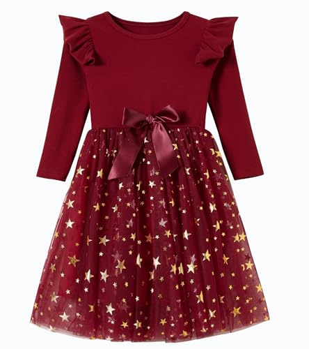 Beganly Kleine Mädchen Weihnachten Rotes Kleid Kleinkind Rippstrick Langarm Sterne Rotes Tüll Tutu Party Kleider Xmas Prinzessin Outfits Schneeflocke 4 Jahre (Ruffle Red 120) von Beganly