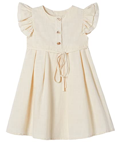 Beganly Kleines Mädchen Flatterärmel Baumwolle-Leinen Kleid Kleinkind Kinder Doppelte Rüschen Freizeitkleider Aprikose 90 (Apricot) von Beganly