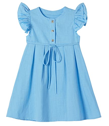 Beganly Kleines Mädchen Flatterärmel Baumwolle-Leinen Kleid Kleinkind Kinder Doppelte Rüschen Freizeitkleider Blau 100 (Blue) von Beganly