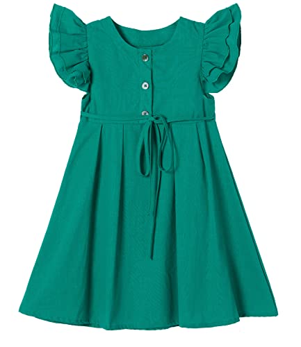 Beganly Kleines Mädchen Flatterärmel Baumwolle-Leinen Kleid Kleinkind Kinder Doppelte Rüschen Freizeitkleider Grün 120 (Green) von Beganly