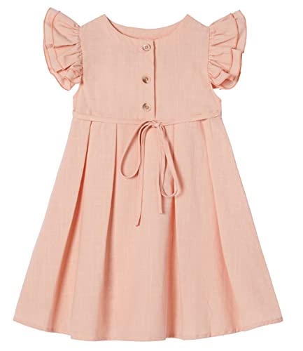 Beganly Kleines Mädchen Flatterärmel Baumwolle-Leinen Kleid Kleinkind Kinder Doppelte Rüschen Freizeitkleider Korallenrosa 130 (Coral Pink) von Beganly