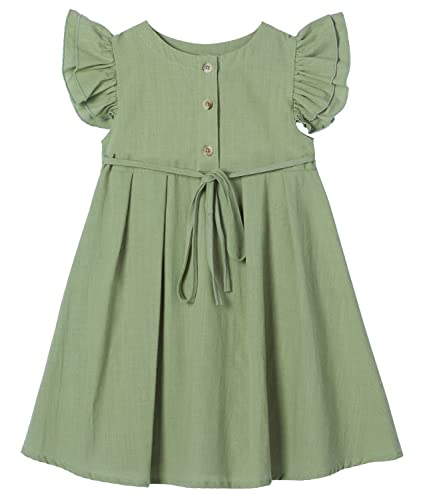 Beganly Kleines Mädchen Flatterärmel Baumwolle-Leinen Kleid Kleinkind Kinder Doppelte Rüschen Freizeitkleider Salbei Grün 130 (Sage Green) von Beganly