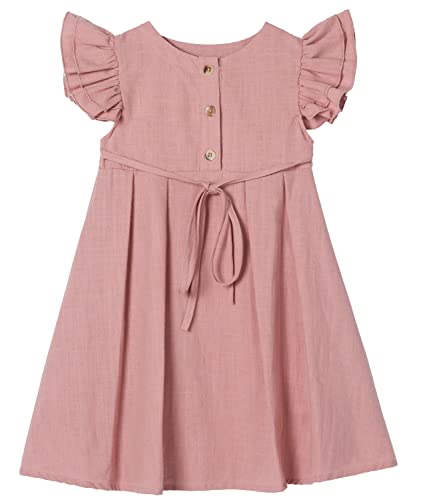 Beganly Kleines Mädchen Flatterärmel Baumwolle-Leinen Kleid Kleinkind Kinder Doppelte Rüschen Freizeitkleider Staubige Rose 100 (Dusty Rose) von Beganly