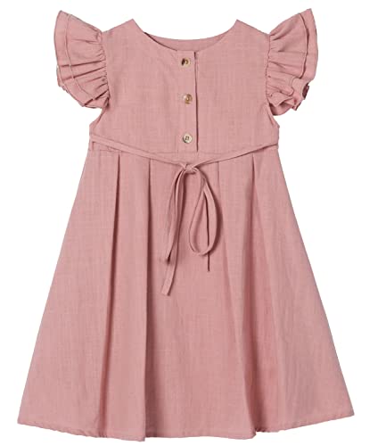 Beganly Kleines Mädchen Flatterärmel Baumwolle-Leinen Kleid Kleinkind Kinder Doppelte Rüschen Freizeitkleider Staubige Rose 130 (Dusty Rose) von Beganly