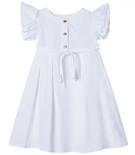 Beganly Kleines Mädchen Flatterärmel Baumwolle-Leinen Kleid Kleinkind Kinder Doppelte Rüschen Freizeitkleider Weiß 130 (White) von Beganly