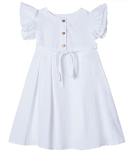 Beganly Kleines Mädchen Flatterärmel Baumwolle-Leinen Kleid Kleinkind Kinder Doppelte Rüschen Freizeitkleider Weiß 90 (White) von Beganly