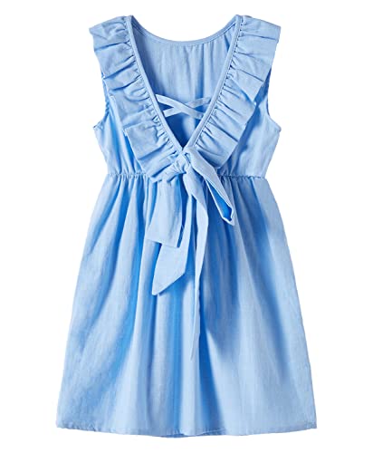 Beganly Kleinkind Baby Kleid Mädchen Baumwolle-Leinen Rüschen rückenfrei ärmellos Swing Kinder Freizeitkleider Blau 100 (Solid Blue) von Beganly