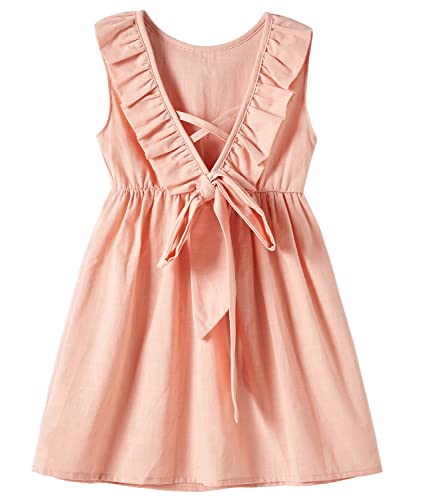 Beganly Kleinkind Baby Kleid Mädchen Baumwolle-Leinen Rüschen rückenfrei ärmellos Swing Kinder Freizeitkleider Rosa 130 (Solid Pink) von Beganly