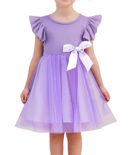 Beganly Mädchen Casual Tüll Prinzessin Kleid Kinderkleider Kleinkind Festkleider Rüschen Ärmel Bowknot Partykleider Lila 7 Jahre(Purple 150) von Beganly