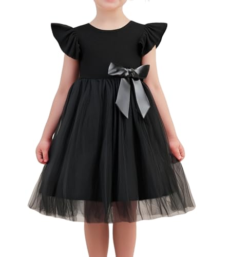 Beganly Mädchen Casual Tüll Prinzessin Kleid Kinderkleider Kleinkind Festkleider Rüschen Ärmel Bowknot Partykleider Schwarz 3 Jahre(Black 110) von Beganly