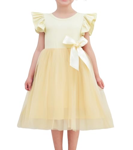 Beganly Mädchen Casual Tüll Prinzessin Kleid Kinderkleider Kleinkind Festkleider Rüschen Ärmel Bowknot Partykleider Aprikose 5 Jahre(Apricot 130) von Beganly