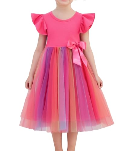 Beganly Mädchen Casual Tüll Prinzessin Kleid Kinderkleider Kleinkind Festkleider Rüschen Ärmel Bowknot Partykleider Regenbogen Rose 6 Jahre(Rainbow Rose 140) von Beganly