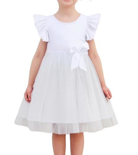 Beganly Mädchen Casual Tüll Prinzessin Kleid Kinderkleider Kleinkind Festkleider Rüschen Ärmel Bowknot Partykleider Weiß 7 Jahre(White 150) von Beganly