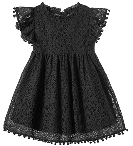 Beganly Mädchen Elegante Prinzessin Spitzenkleid Kleinkind Vintage Pom Pom Flatterärmel Party Kleider Schwarz 90 (Black) von Beganly