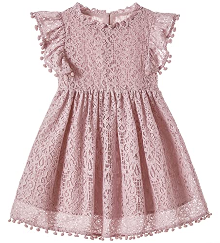 Beganly Mädchen Elegante Prinzessin Spitzenkleid Kleinkind Vintage Pom Pom Flatterärmel Party Kleider Staubiges Rosa 110 (Dusty Pink) von Beganly