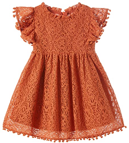 Beganly Mädchen Elegante Prinzessin Spitzenkleid Kleinkind Vintage Pom Pom Flatterärmel Party Kleider Ziegelrot 130 Brick Red von Beganly