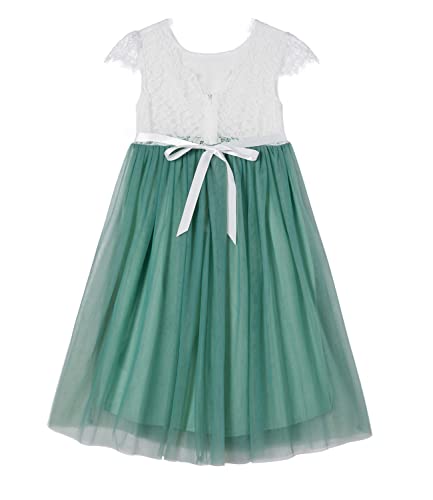 Beganly Mädchen Lange Festtagskleider Anmutig Lieblich V-Rücken Spitze Maxi Tüll A-Linie Prinzessin Partykleid Blumenmädchen Kleid Salbei Grün 100 (Sage Green) von Beganly