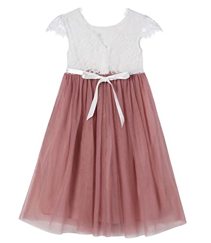 Beganly Mädchen Lange Festtagskleider Anmutig Lieblich V-Rücken Spitze Maxi Tüll A-Linie Prinzessin Partykleid Blumenmädchen Kleid Staubige Rose 100 (Dusty Rose) von Beganly