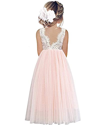 Beganly Mädchen Lange Festtagskleider Lieblich ärmellos V-Rücken Kleid Spitze Maxi Tüll A-Linie Prinzessin Partykleid Blumenmädchen Kleider Rosa 7-8 Jahre (Pink 140) von Beganly