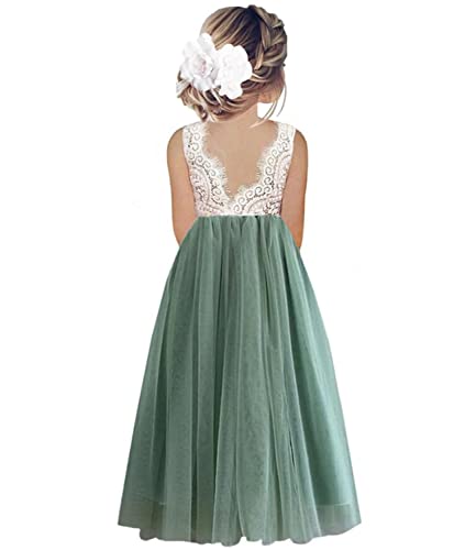 Beganly Mädchen Lange Festtagskleider Lieblich ärmellos V-Rücken Kleid Spitze Maxi Tüll A-Linie Prinzessin Partykleid Blumenmädchen Kleider Salbei Grün 4 Jahre (Sage Green 110) von Beganly