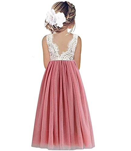 Beganly Mädchen Lange Festtagskleider Lieblich ärmellos V-Rücken Kleid Spitze Maxi Tüll A-Linie Prinzessin Partykleid Blumenmädchen Kleider Staubige Rose 3 Jahre (Dusty Pink 100) von Beganly