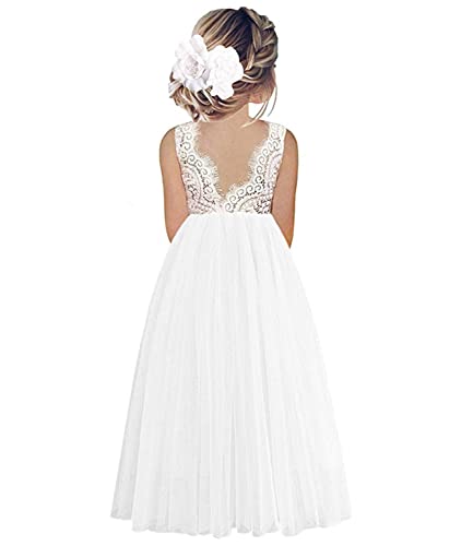 Beganly Mädchen Lange Festtagskleider Lieblich ärmellos V-Rücken Kleid Spitze Maxi Tüll A-Linie Prinzessin Partykleid Blumenmädchen Kleider Weiß 4 Jahre (White 110) von Beganly