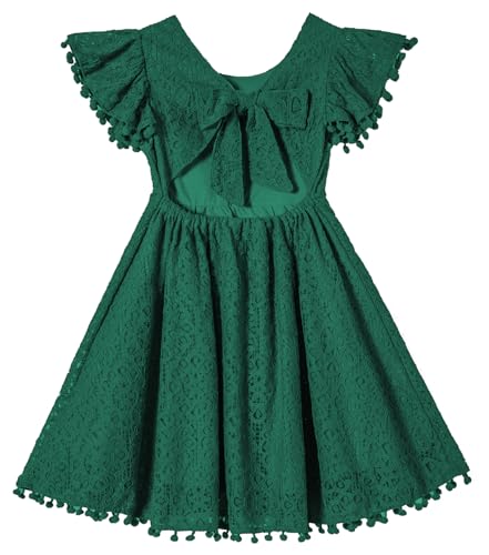 Beganly Mädchen Partykleid Binde nach hinten Kleinkind Kleid Kind Spitze Rückenfreie Schleife Pompons Flattern Ärmel Prinzessin Kleider Dunkelgrün 2 Jahre (Dark Green 80) von Beganly