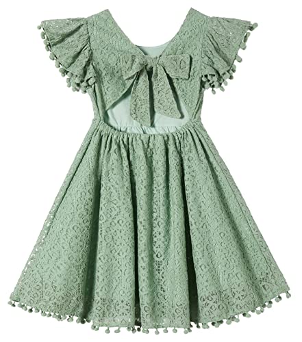 Beganly Mädchen Partykleid Binde nach hinten Kleinkind Kleid Kind Spitze Rückenfreie Schleife Pompons Flattern Ärmel Prinzessin Kleider Salbei Grün 5 Jahre (Sage Green 110) von Beganly