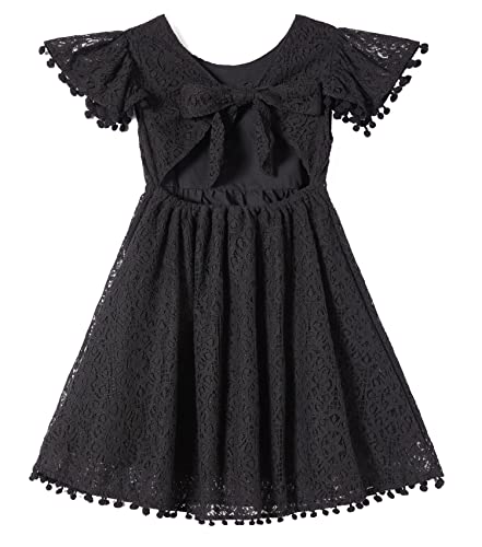 Beganly Mädchen Partykleid Binde nach hinten Kleinkind Kleid Kind Spitze Rückenfreie Schleife Pompons Flattern Ärmel Prinzessin Kleider Schwarz 7 Jahre (Black 130) von Beganly