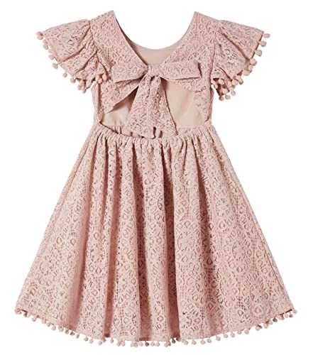 Beganly Mädchen Partykleid Binde nach hinten Kleinkind Kleid Kind Spitze Rückenfreie Schleife Pompons Flattern Ärmel Prinzessin Kleider Staubiges Rosa 2 Jahre (Dusty Pink 80) von Beganly