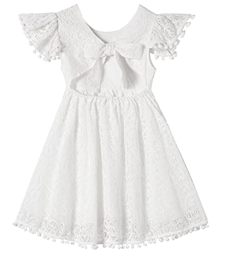 Beganly Mädchen Partykleid Binde nach hinten Kleinkind Kleid Kind Spitze Rückenfreie Schleife Pompons Flattern Ärmel Prinzessin Kleider Weiß 4 Jahre (White 100) von Beganly