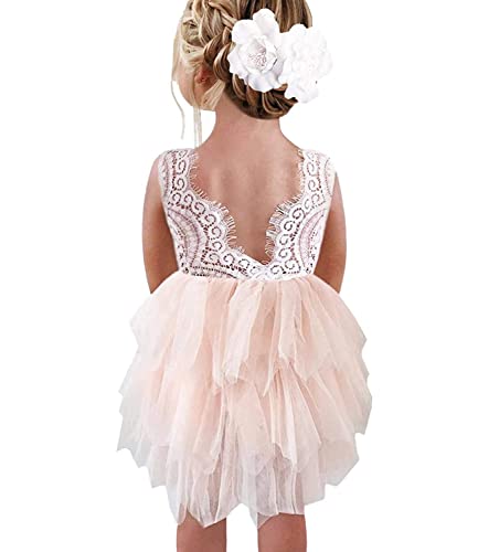 Beganly Mädchen Spitze V-Rücken Kleid ärmellos Flauschig Mehrschichtige Tüll Festtagskleider Party Blumenmädchen Kleider Rosa 5 Jahre (Pink 120) von Beganly