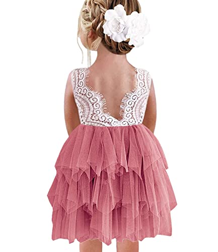 Beganly Mädchen Spitze V-Rücken Kleid ärmellos Flauschig Mehrschichtige Tüll Festtagskleider Party Blumenmädchen Kleider Staubige Rose 3 Jahre (Dusty Pink 100) von Beganly
