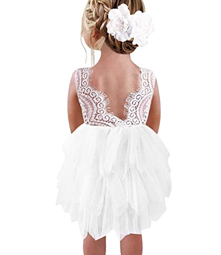 Beganly Mädchen Spitze V-Rücken Kleid ärmellos Flauschig Mehrschichtige Tüll Festtagskleider Party Blumenmädchen Kleider Weiß 5 Jahre (White 120) von Beganly