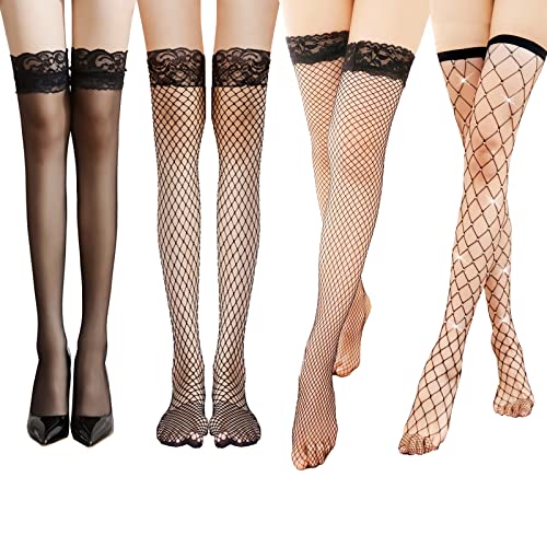 Begonia 4 Paar Netzstrümpfe, Garterless Stockings,Halterlose Strümpfe Spitze Mikrofaser, Spitze Oberseite Transparent Schwarz Netzstrümpfe Damen von Begonia