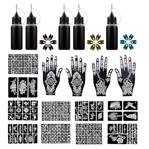Henna Tattoo Kits 5 Inks 14Blatt Henna Schablonen Glitter, Temporäre Tattoos Henna Schablone Set, Tattoo Schablone, Temporäre Tattoo Schablone Aufkleber für Frauen Mädchen(B) von Begonia