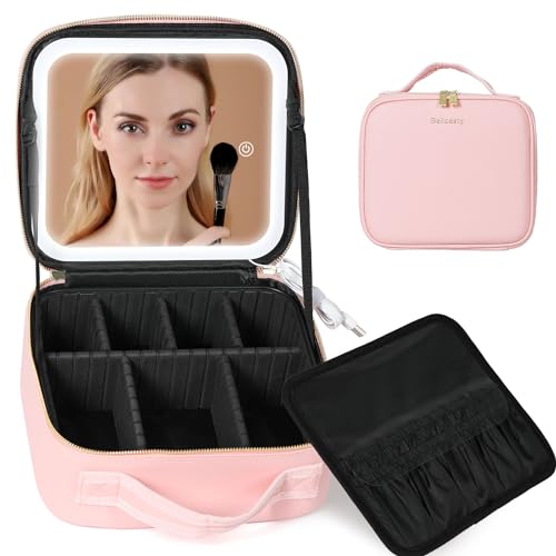 Behaesty Reise-Make-up-Tasche mit LED-beleuchtetem Spiegel, Kosmetik-Make-up-Organizer-Tasche mit 3 Farbeinstellungen, Make-up-Tasche mit verstellbaren Trennwänden für Damen, Make-up-Pinsel, von Behaesty