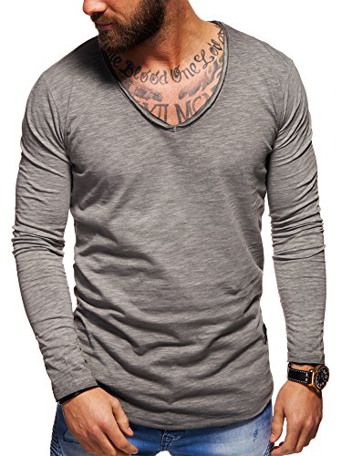 behype. Herren Langarm Basic Longsleeve V-Neck T-Shirt 30-3741 Grau S von behype.