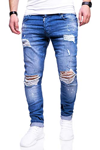 behype. Herren Destroyed Stretch Jeans-Hose Used Slim-Fit 80-2369 Blau W31/L32 von behype.